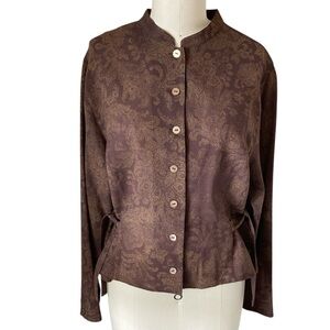 Women's Brown and Gold Button-Front Blouse with Side Ties, Sz EU 48 US 16-18